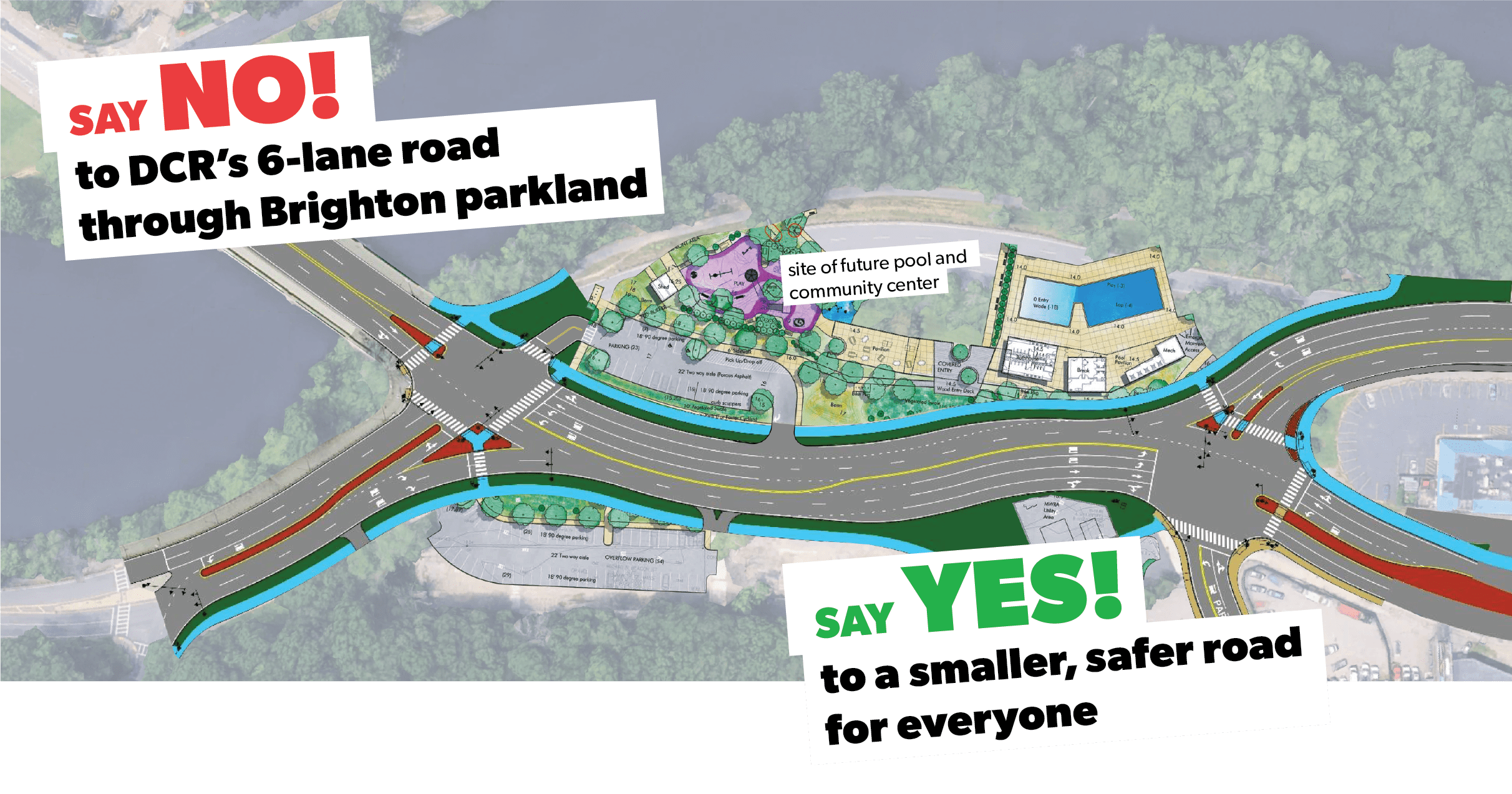 DCR illustration of the proposed roadway, with two signalized intersections with double slip lanes and a wide 6-lane road replacing the rotary.