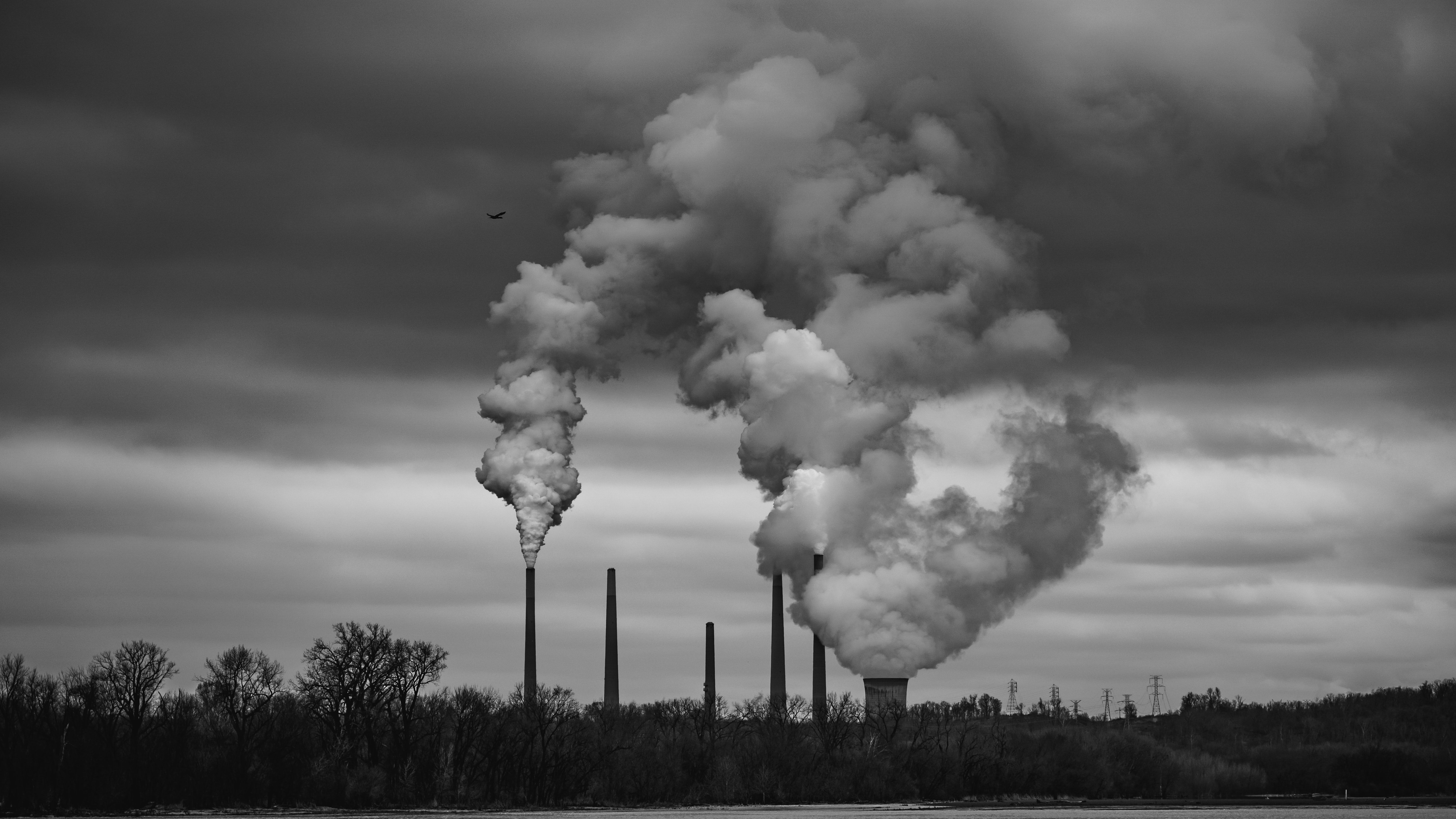 grey and white and black smoke stacks, pumping visible air pollution