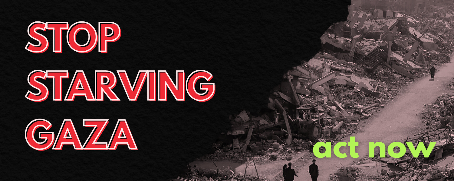 Image of Gaza rubble with text: stop starving gaza