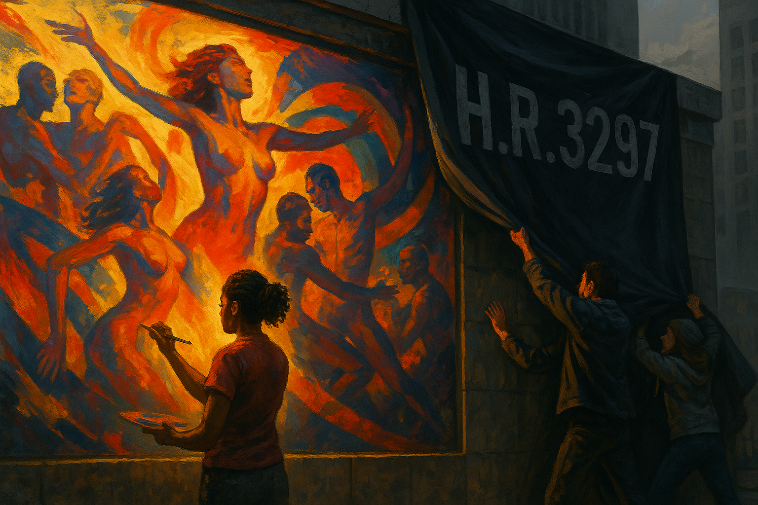 A bold landscape-mode digital painting of a diverse artist painting a massive mural on a city wall, depicting vibrant, abstract figures embracing freedom and sensuality. The mural is partially covered by a dark curtain labeled 'H.R.3297,' which is being torn down by activists. The scene is illuminated by dramatic lighting, with warm golds and reds clashing against cold, oppressive grays, symbolizing resistance to censorship.