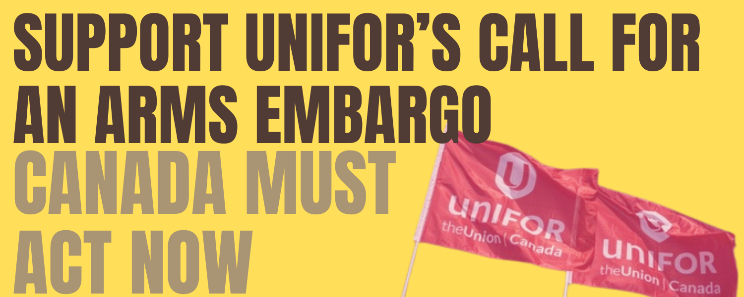 Bold text stating action's goal featuring the Unifor flag