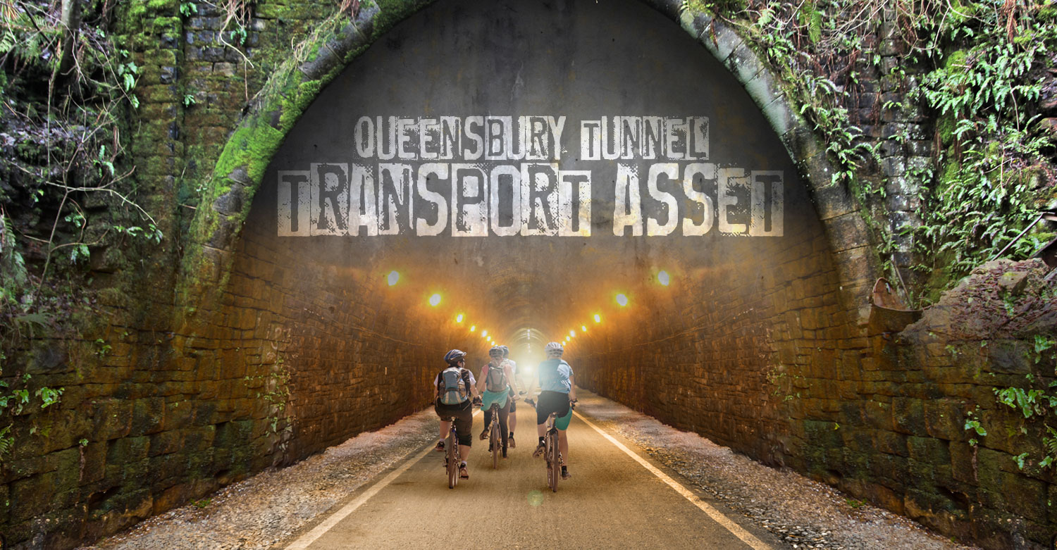 Mock up of mixed group of people cycling on a greenway through Queensbury Tunnel, with Queensbury Tunnel transport asset superimposed on image