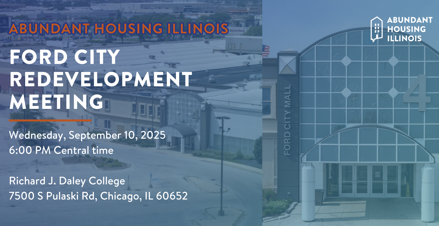 Image of Ford City and information about Sep 10th, 6pm community meeting at Richard J Daley College in Chicago at 7500 S Pulaski Rd, Chicago, IL