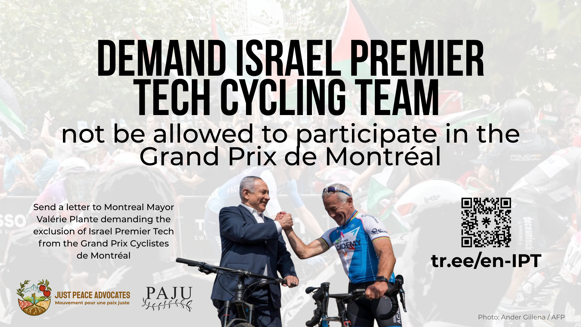 Background of an Israeli rider with many Palestinian flags being waved. In the foreground is a photo of Netanyahu and Sylvan Adams (owner of the cycling team) shaking hands happily. 