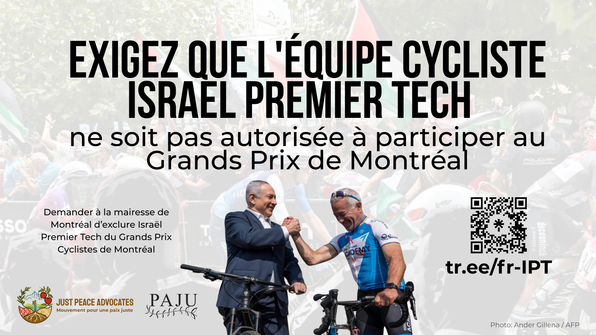 En arrière-plan, un cycliste israélien entouré de nombreux drapeaux palestiniens qui flottent au vent. Au premier plan, une photo de Netanyahu et Sylvan Adams (propriétaire de l'équipe cycliste) se serrant joyeusement la main. 