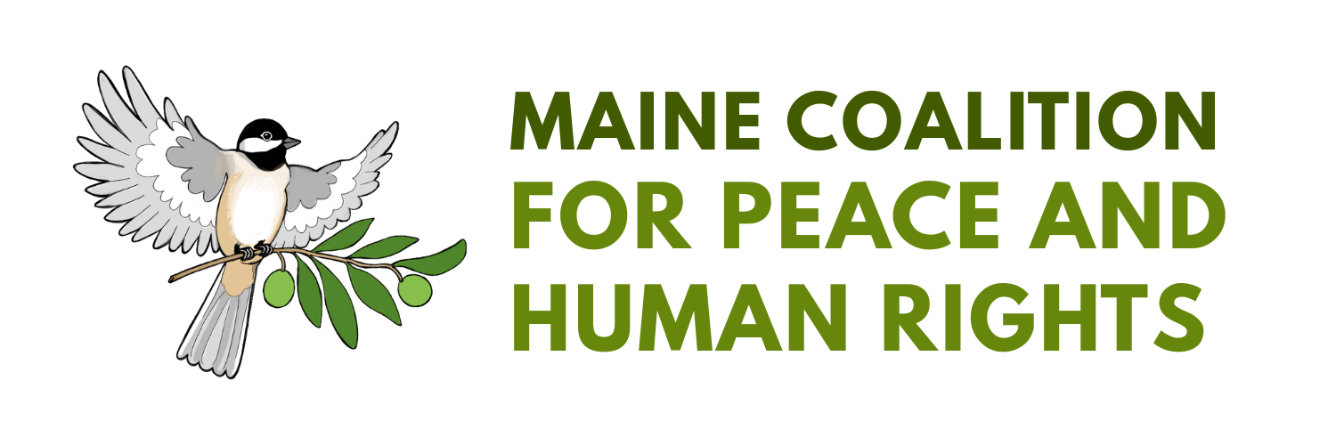 A chickadee carrying an olive branch, alongside olive-colored text reading Maine Coalition for Peace and Human Rights