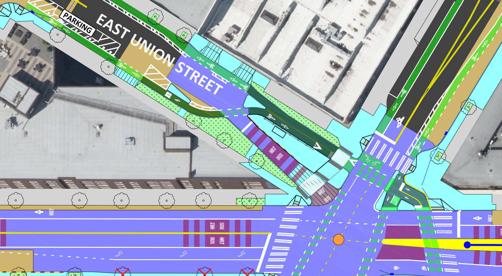 Top Down Image of the bus and bike lane at 12th, Union, and Madison