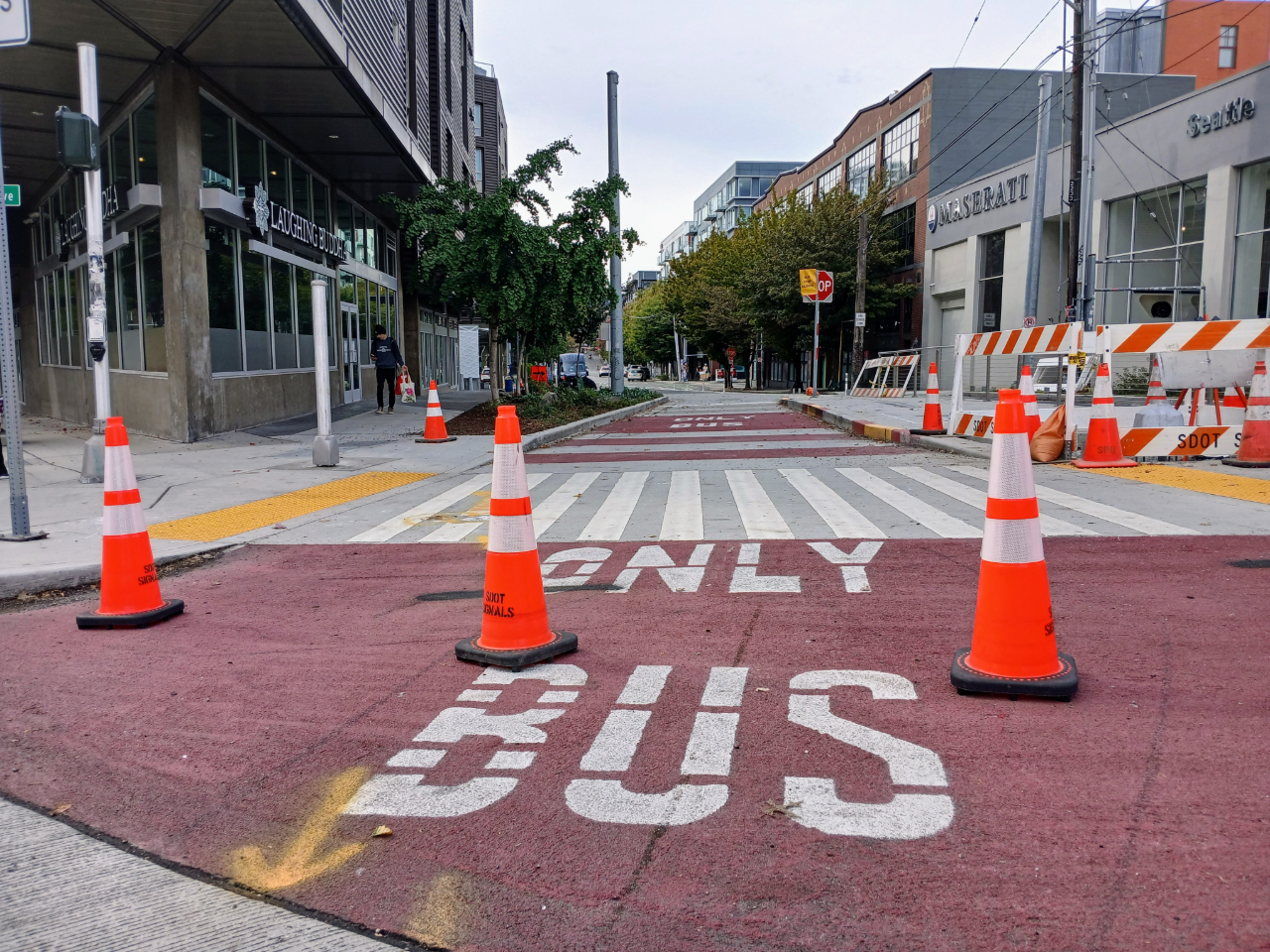 Picture of a short section of street with red and white pavement markings that read "Bus Only" looking towards a closed bus stop, luxury car dealership, and apartment buildings.
