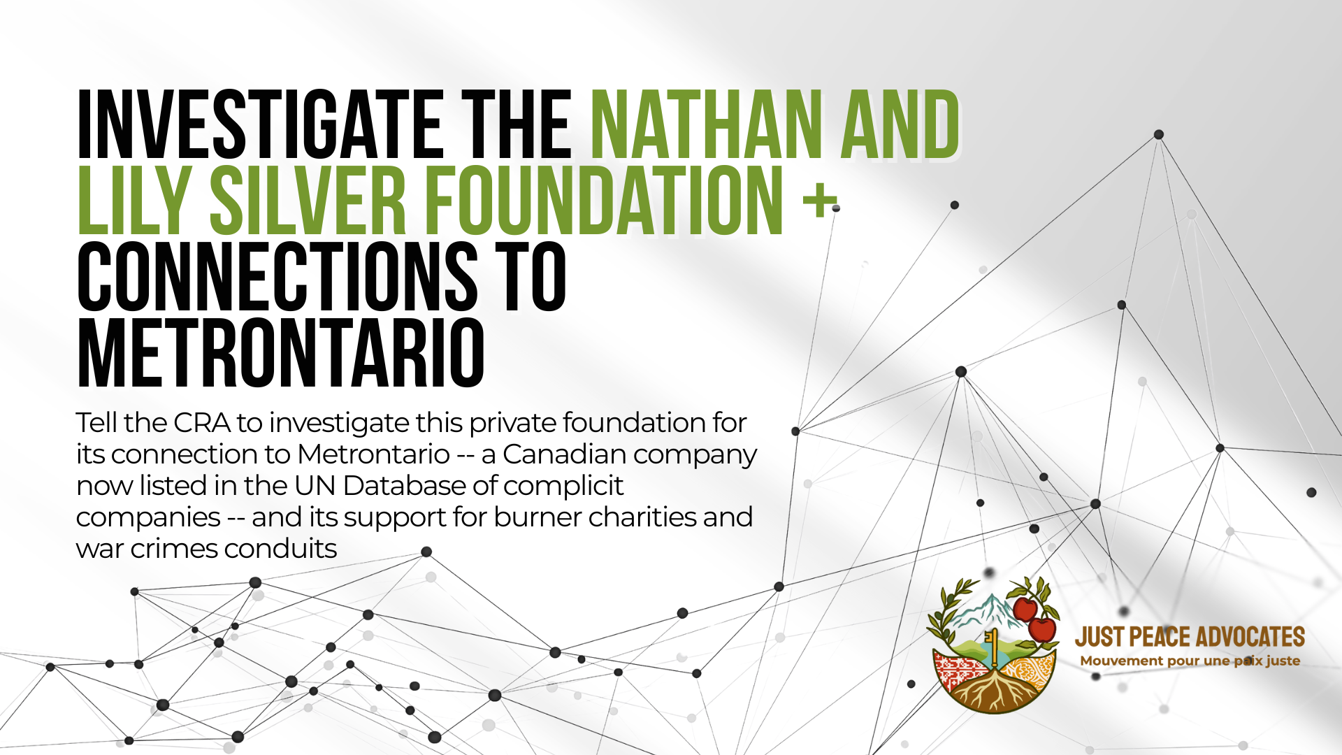 White background with light grey shadow and a graphic of dots connected by lines. Text reads: Investigate the Nathan and Lily Silver Foundation + connections to Metrontario Tell the CRA to investigate this private foundation for its connection to Metrontario -- a Canadian company now listed in the UN Database of complicit companies -- and its support for burner charities and war crimes conduits