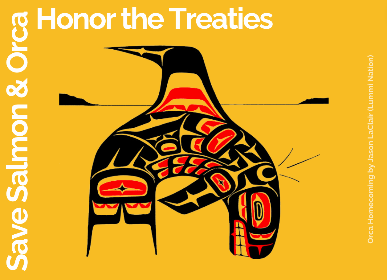 Image of a breaching orca rendered in Lummi Tribal art in black and red on a yellow background