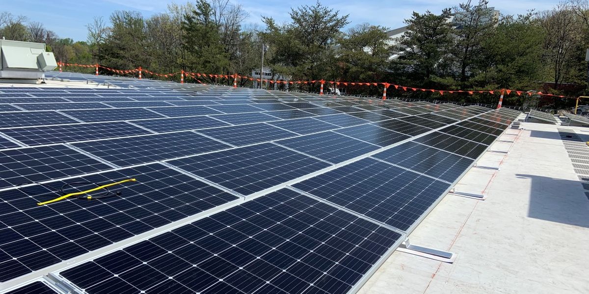 Newly installed solar panels on a school roof