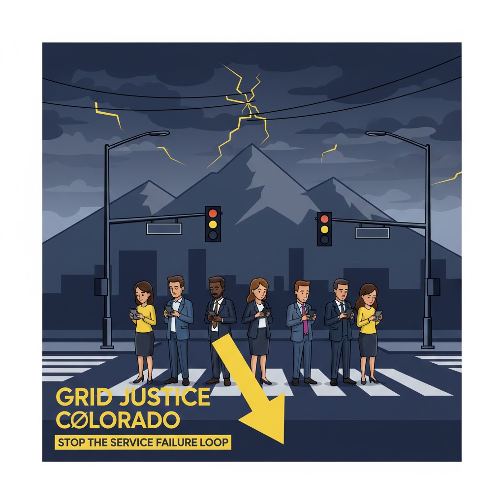 Grid Justice Colorado: Accountability for the Front Range. A professional and modern vector illustration featuring the silhouetted peaks of the Rocky Mountains against a dark, dusk sky. In the foreground, a row of traffic signals are shown with dark lenses, symbolizing the grid failure. The design is minimalist and sleek, utilizing high-contrast yellow and white typography on a deep charcoal background to emphasize the movement's regional focus