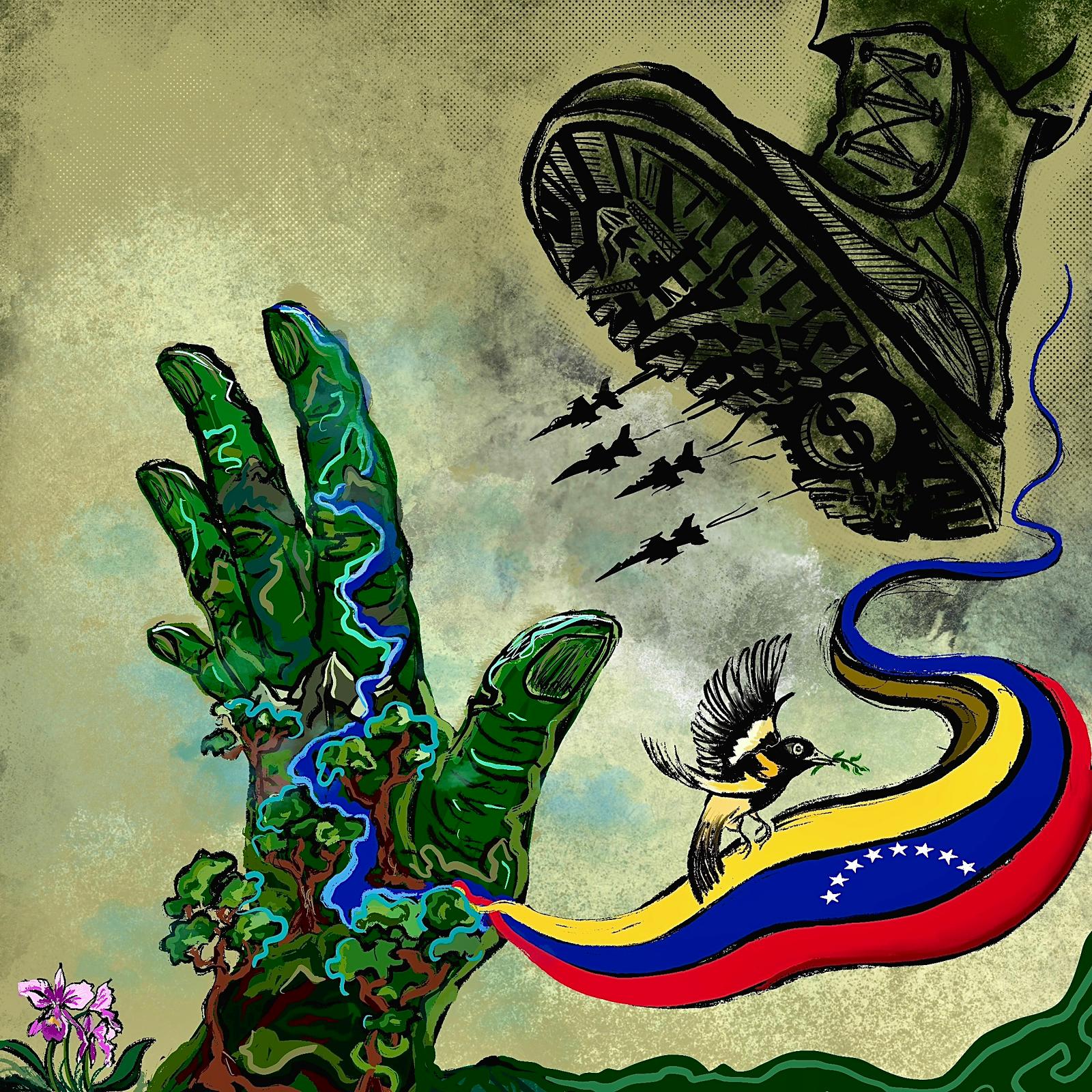 Black boot with dollar sign, hand with trees, Venezuela flag, dove