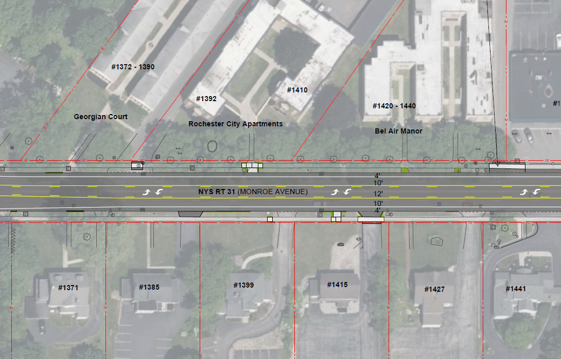 A screenshot of NYSDOT's Preliminary Design of project 40C1.04 (Monroe Ave, in the Town of Brighton). The image shows the proposed roadway with a 4' shoulder, two 10' travel lanes, and a 12' two-way-turn-lane.