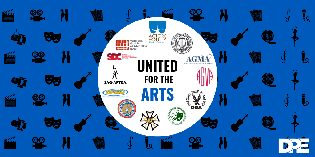 Union logos in a circle with a blue background that says united for the arts