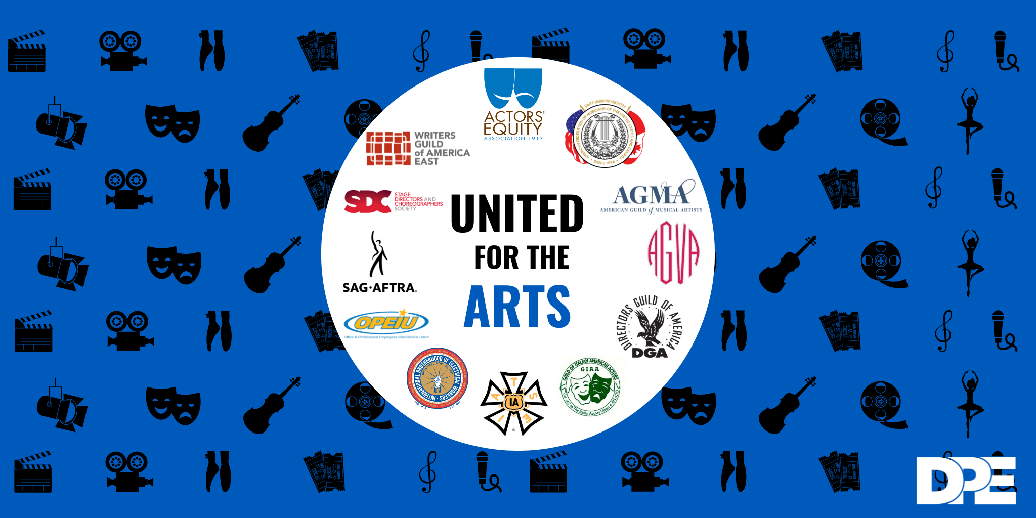 Union logos in a circle with a blue background that says united for the arts