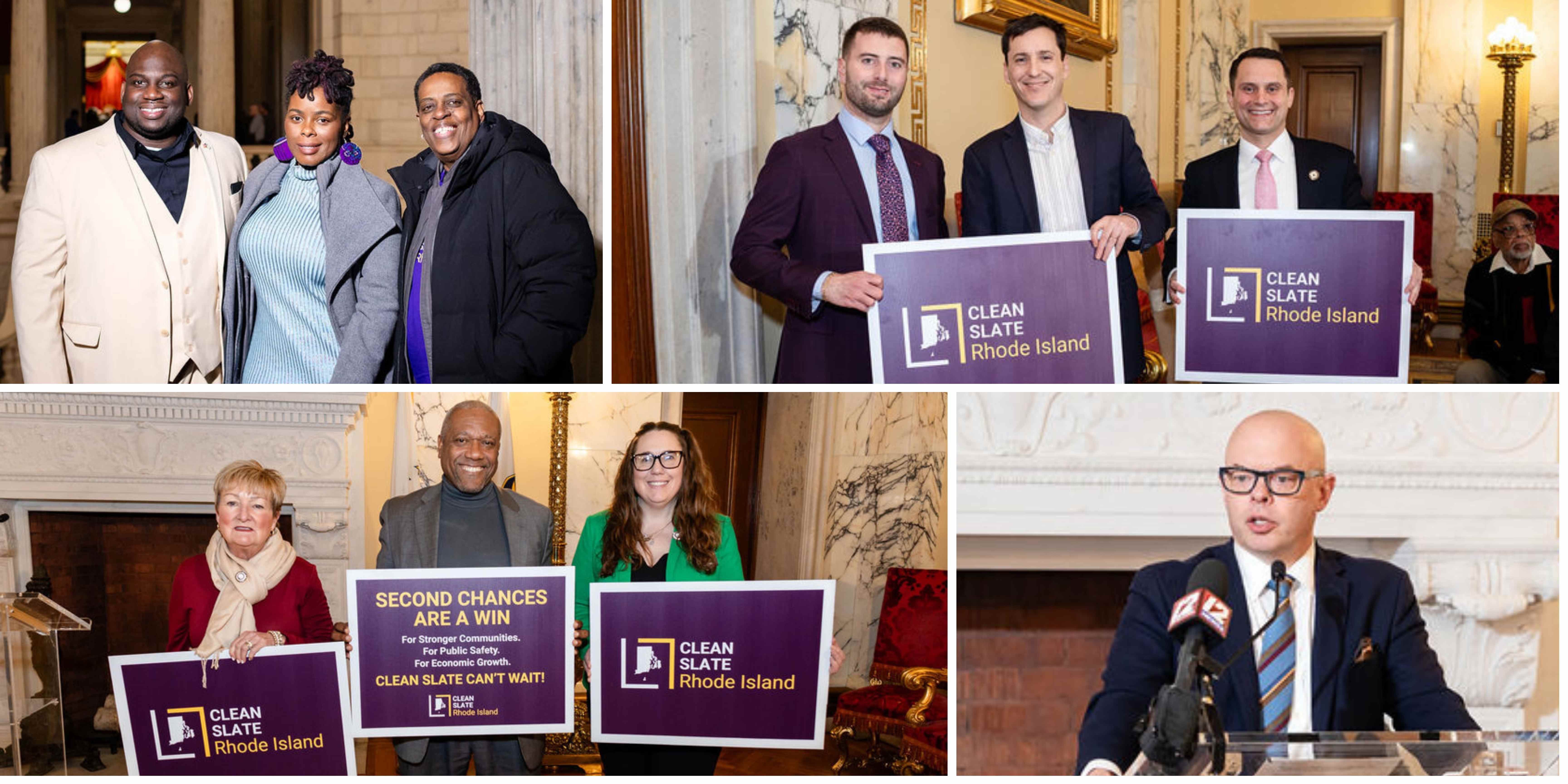 Two women lawmakers on either side of a male advocate, all of whom are holding purple signs with yellow script expressing support for Clean Slate Rhode Island. 