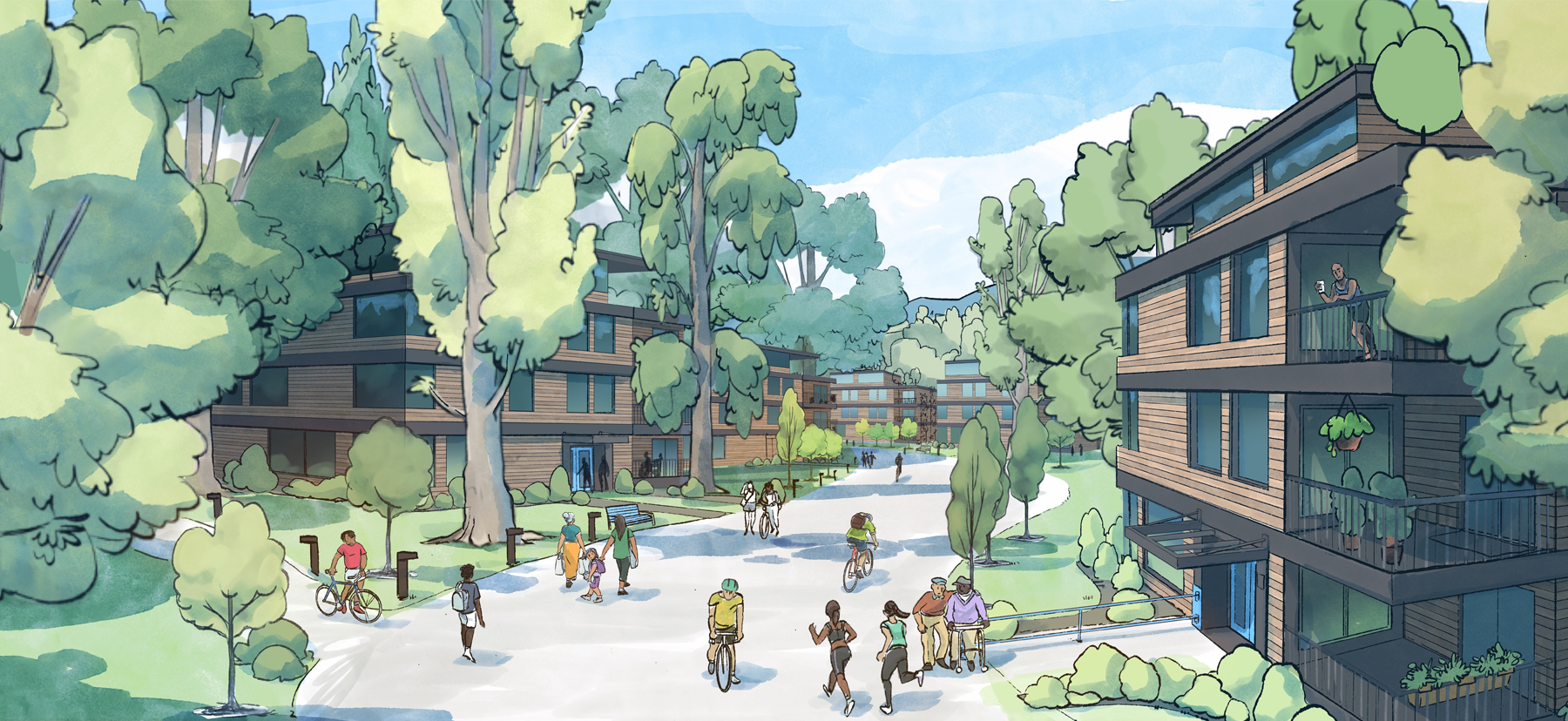 Illustration of a beautiful vision of a green, walkable city with 4-story apartments on both sides, surrounded by trees. In the middle is a path with cyclists and pedestrians of all ages and races.