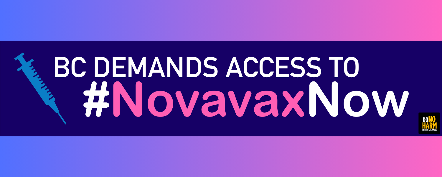 Wide dark blue graphic with rainbow background and text reading: "BC demands access to #NovavaxNow" with the word Novavax standing out in pink. To the left of the text is an icon of a syringe, coloured blue. At bottom-right is the logo for Do No Harm BC.