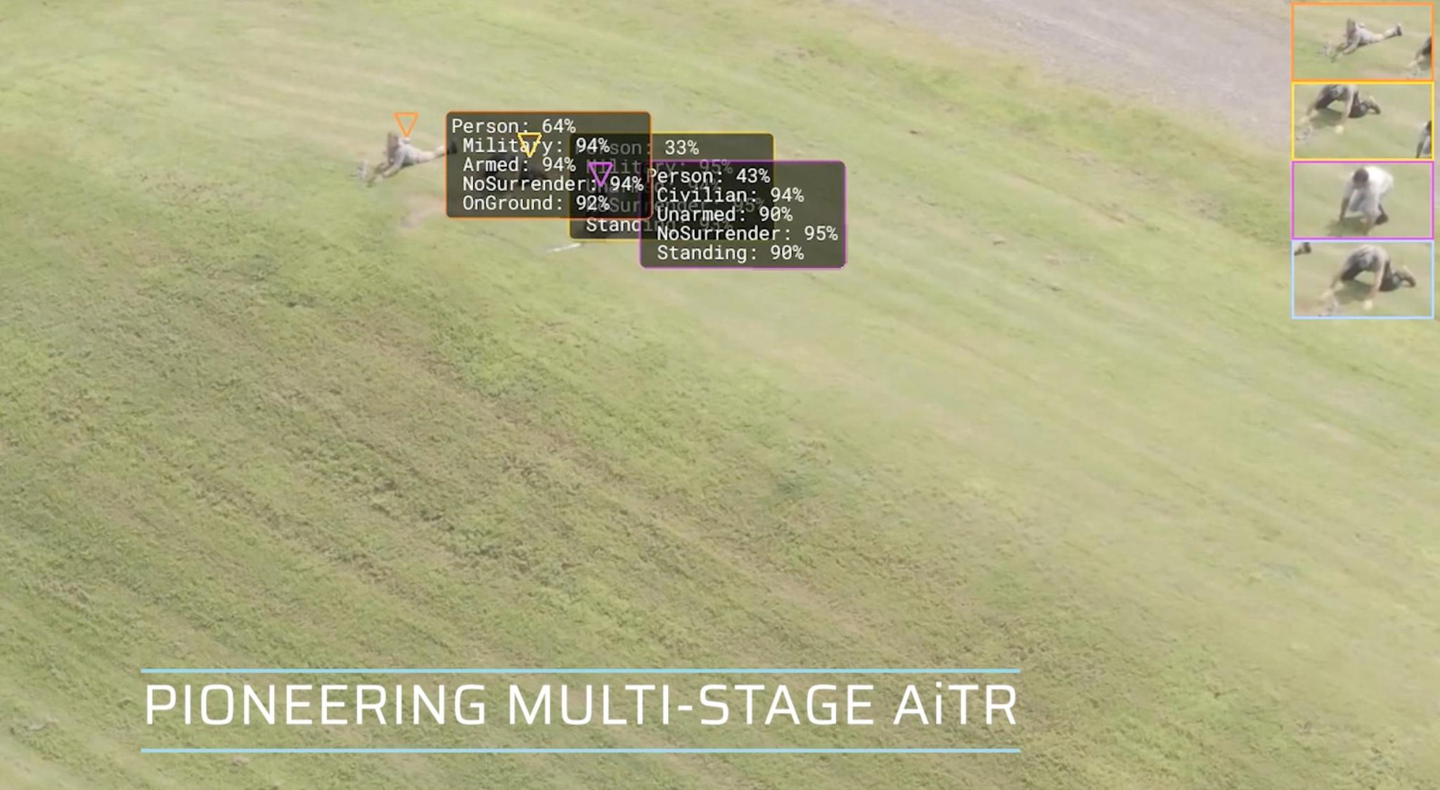 Image from Sightline promotional video showing human targets with labels "Person, Military, ARmed, NoSurrender, OnGround"