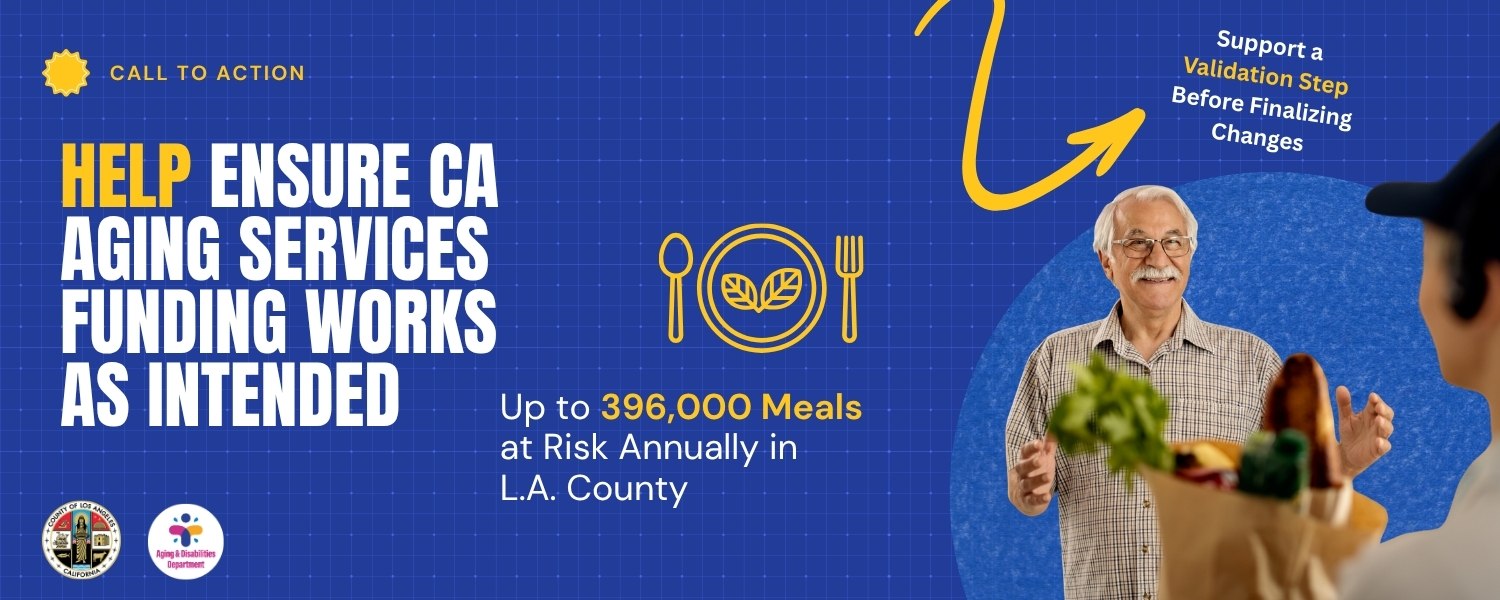 Older adult receiving groceries with message about protecting aging services funding in California.