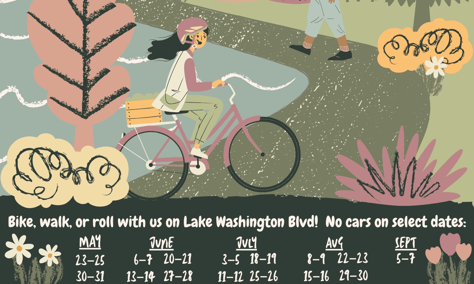 An announcement for bike weekends showing the dates that lake washington bouvelard will be car free!