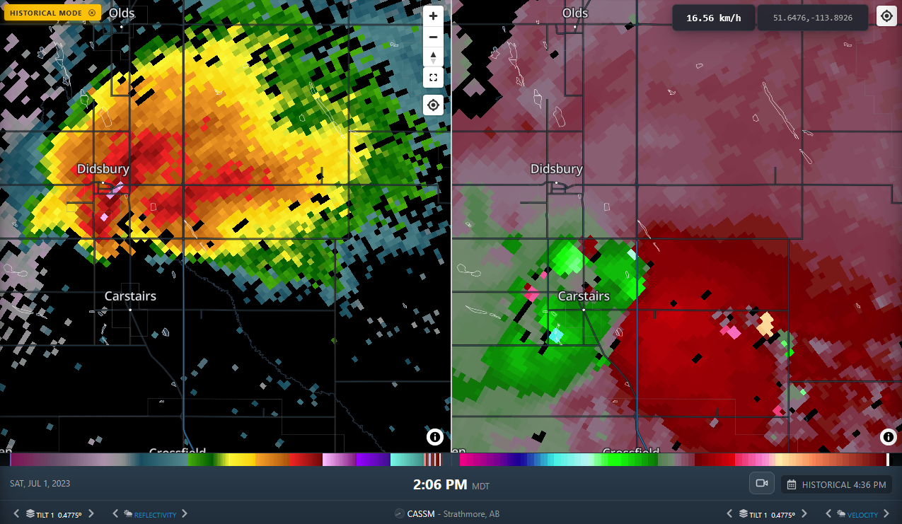 Radar image at time of EF4-rated tornado in Alberta