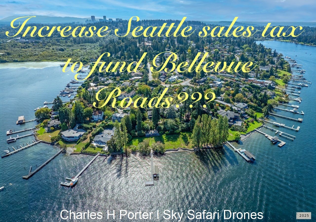 view from the air of wealthy suburb with lakefront docks with bellevue in the background with text on top asking if we should subsidize wealthy suburban road buliding