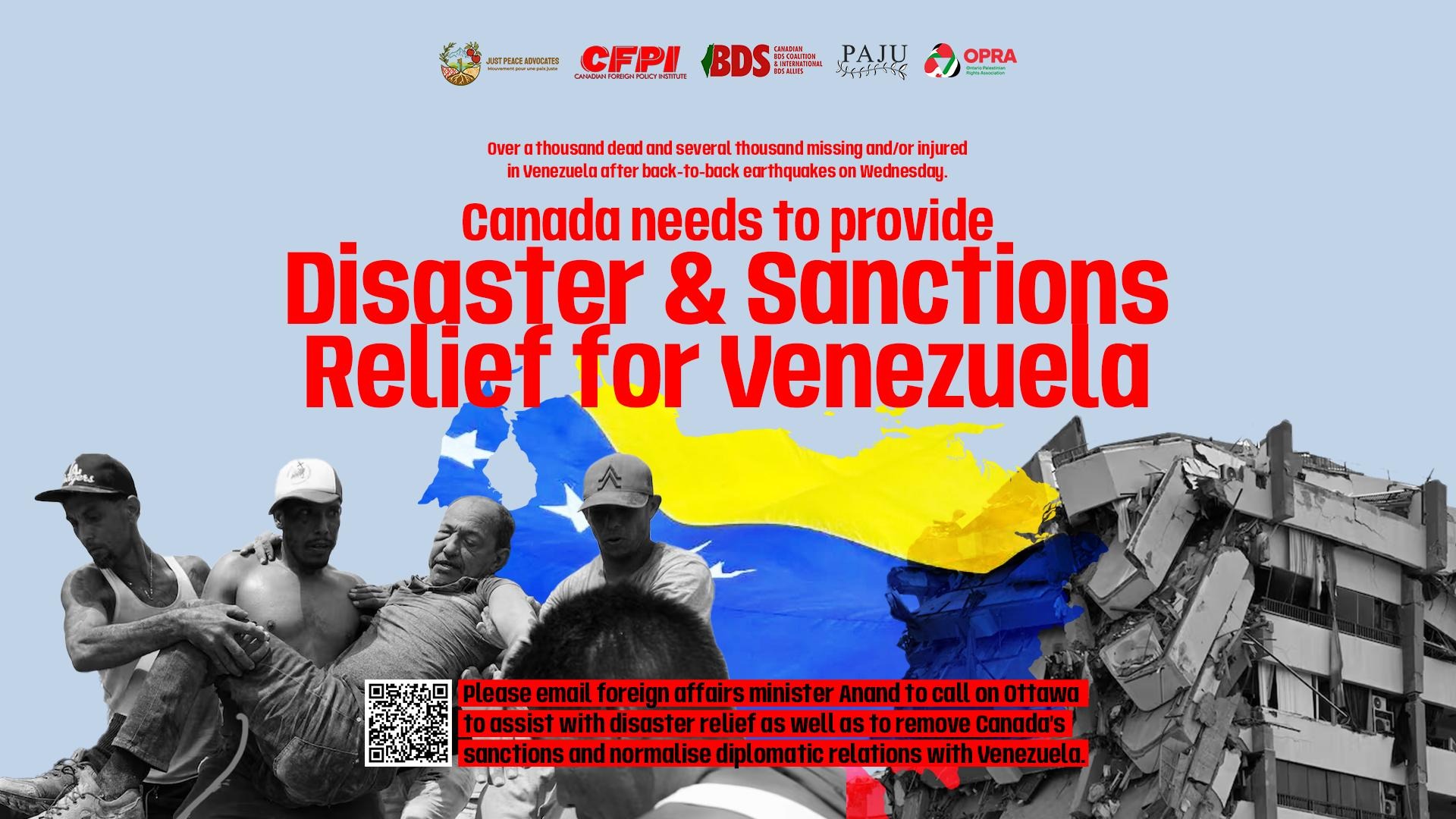 Blue sky background with a photo of a semi-collapsed building on the right and three indivduals carrying an injured person on the left. Text reads: Canada needs to provide disaster & sanctions relief for Venezuela