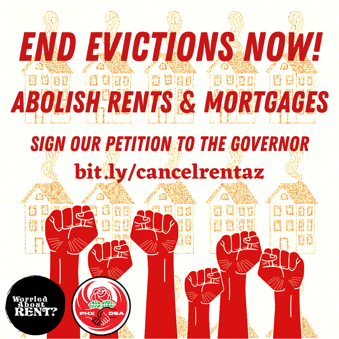Red text on light background saying "End Evictions Now! Abolish Rent and Mortgages! Sign our petition to the governor."