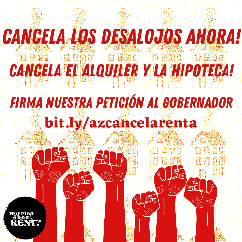 Texto rojo sobre fondo claro que dice "¡Cancela los desalojos ahora! ¡Cancela el alquiler y la hipoteca! Firma nuestra petición al gobernador".