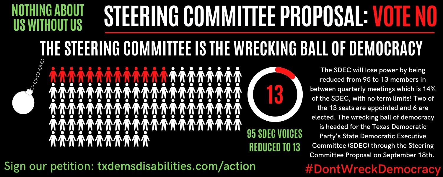 Image Description:Embedded in a black background are large bold words in all caps reading in green “NOTHING ABOUT US WITHOUT US” in red “STEERING COMMITTEE PROPOSAL:” in red “VOTE NO”.  A white wrecking ball is headed towards a group of 95 people in white