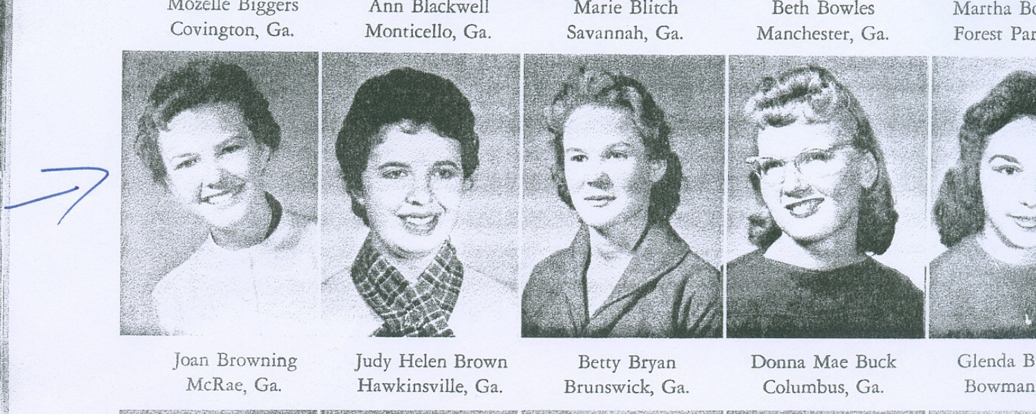 Yearbook photo shows Joan Browning, a young white woman attending Georgia State College for Women