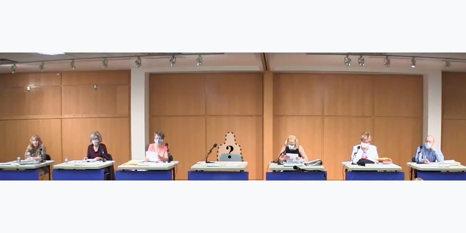 6 white Niles-Maine District Library Board members with a silhouette around an empty seat.