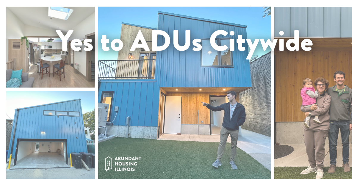 A new coach house built in Chicago under the new ADU pilot, includes pictures of the owner and tenant