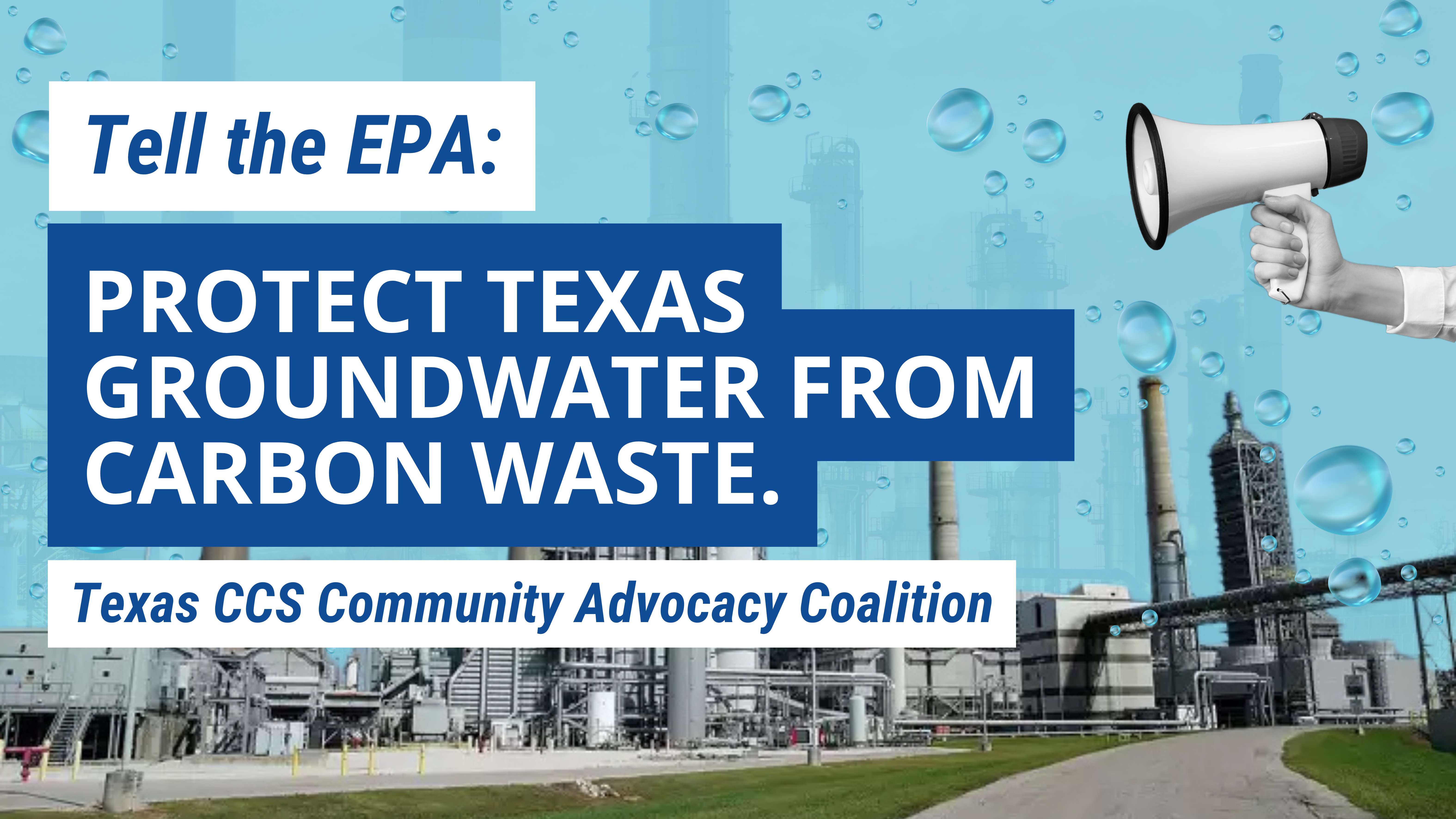 a hand grasping a bullhorn in front of a CCS facility and a watery background