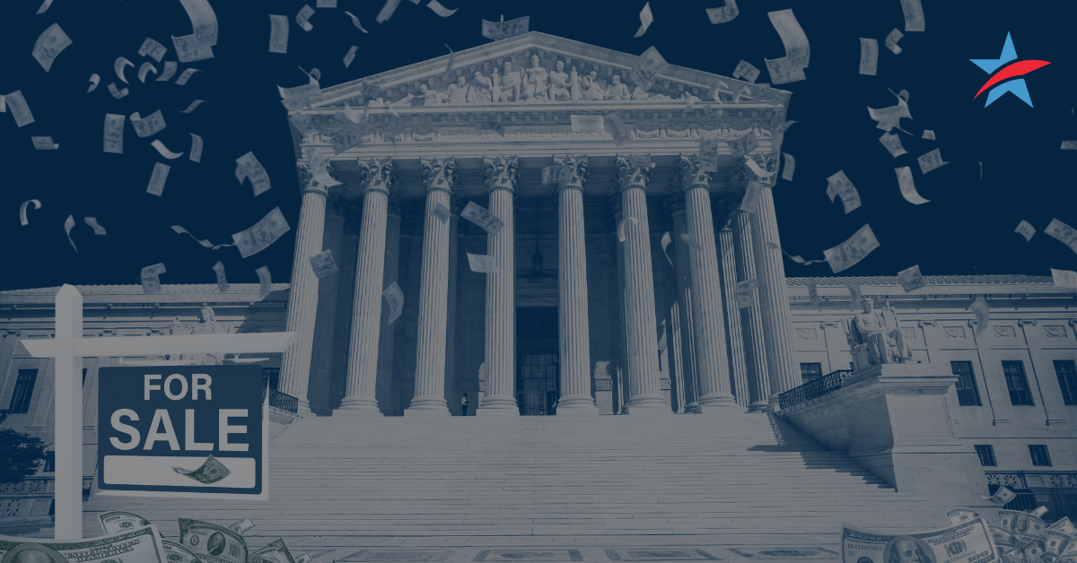 Graphic of the Supreme Court, with a "For Sale" sign included.