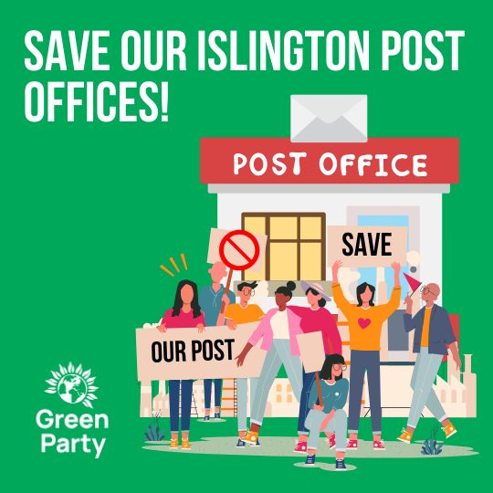 Cartoon image of people protesting the closure of a local post office