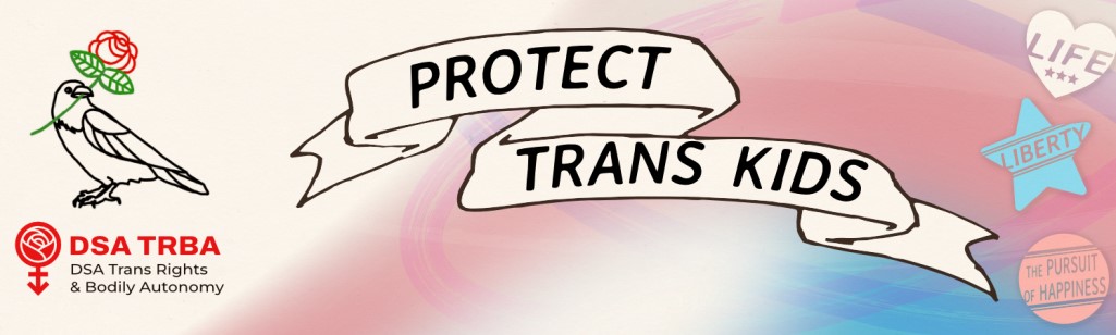 a banner featuring the GBDSA logo (a raven holding a rose) and DSA TRBA logo (a neuter symbol with a rose in its circle) to the left, with a ribbon that says "PROTECT TRANS KIDS" in the center, with blue and pink accents and heart/circle charms on the right that say "Life", "Liberty" and "The Pursuit of Happiness"