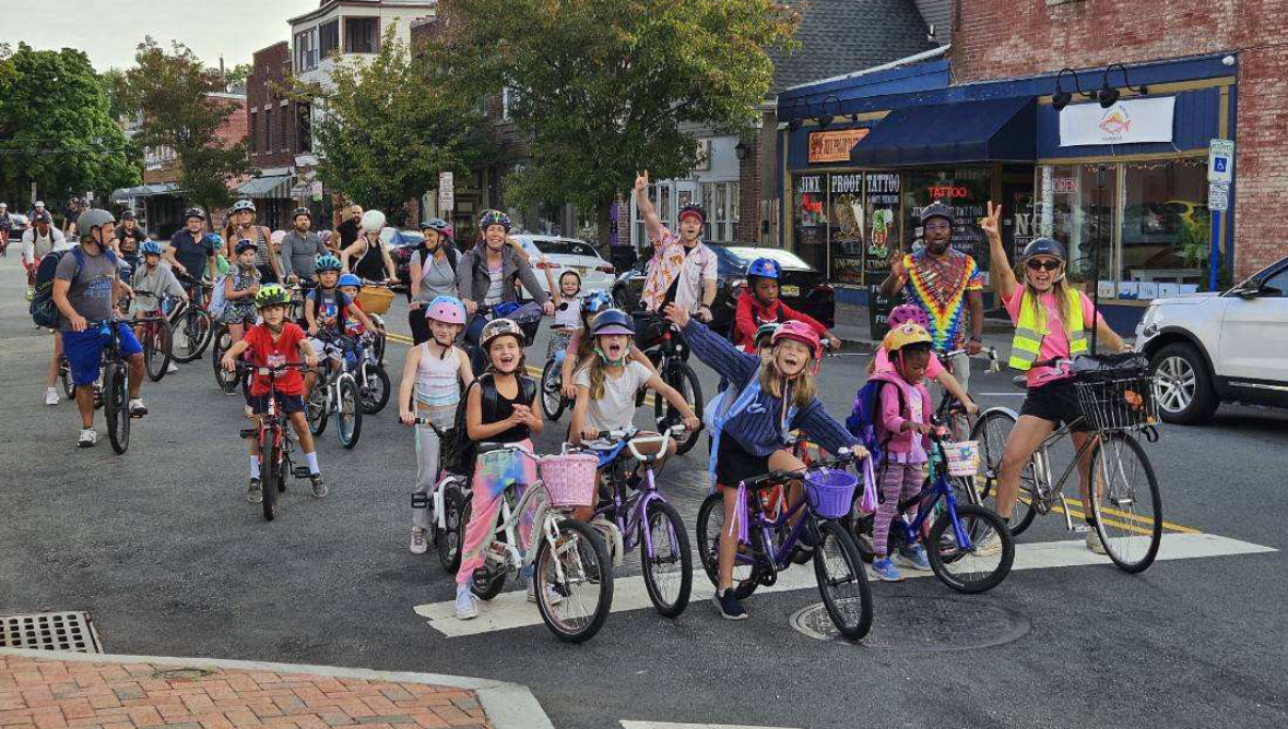 Kids and parents ride with the Montclair Bike Bus