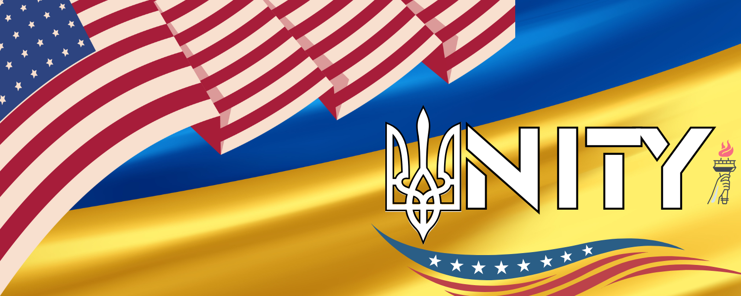 Unity featuring an American and Ukrainian Flag with the U in Unity being the Ukrainian Tryzub. 