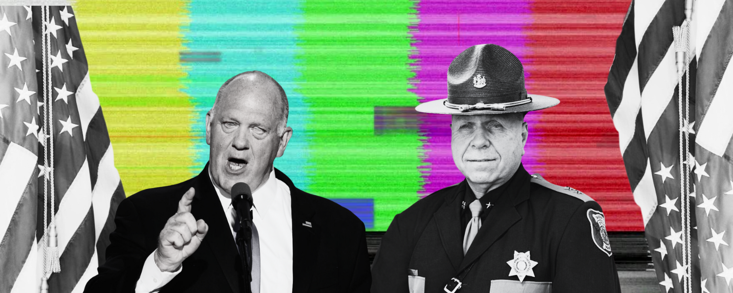 Black and white shoulder up portraits of Tom Homan, Trump's Border Czar, pointing at and strenly talking to Cumberland County Sheriff Kevin Joyce. Overlayed on SMPTE color bars. 