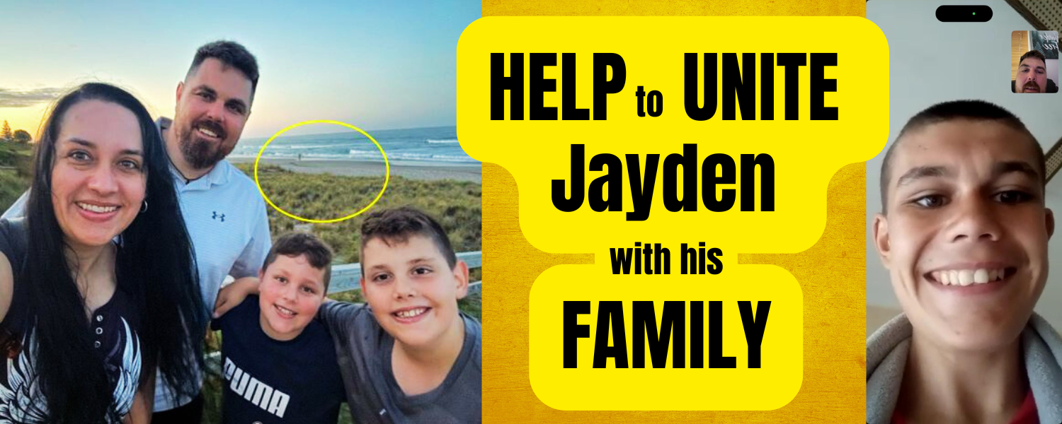 A family of four smiles at the camera during sunset on a beachside path. The background shows the ocean and grassy dunes, with a circled in yellow suggesting a person is missing in the photo: Jayden. On the right side of the banner, a bold yellow text box with black lettering reads: "HELP to UNITE Jayden with his FAMILY" against a textured golden background. Next is a photo of Jayden smiling while in a videocall with his father.