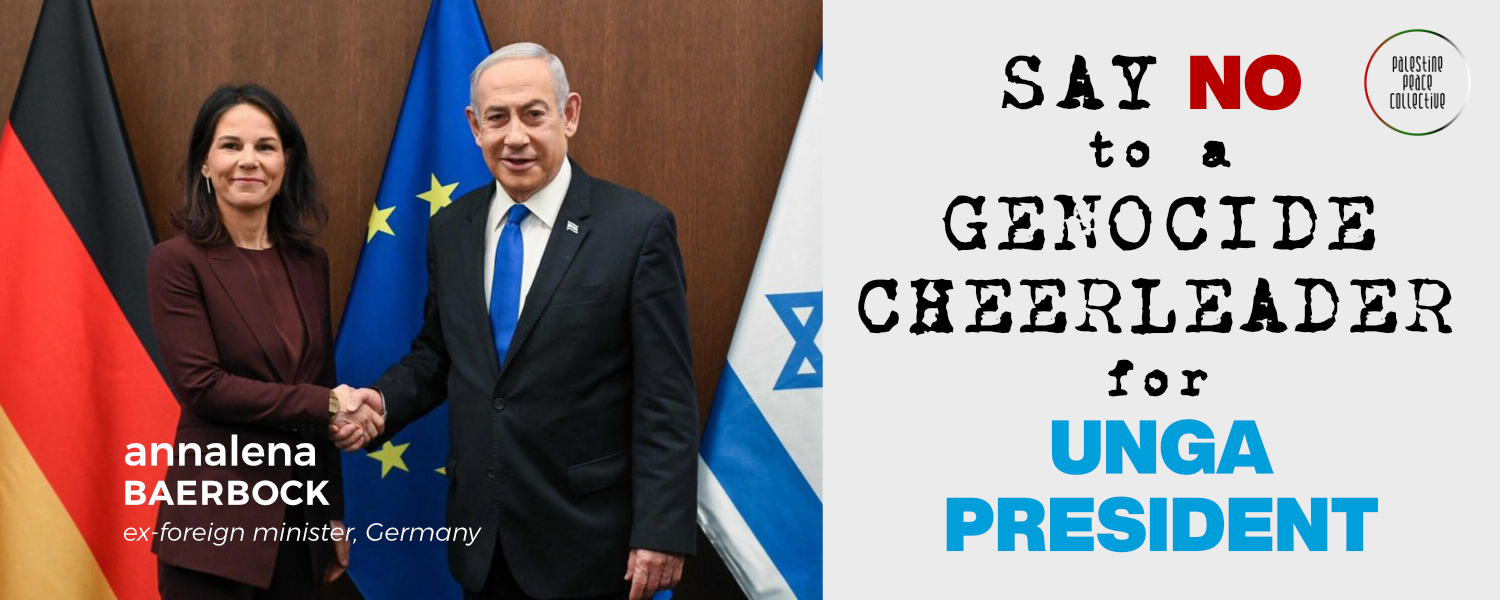 Annalena Baerbock shaking hands with Benzion Miliekowsky, a criminal on the run. In the background are the flags of Germany and the criminal zionist entity.