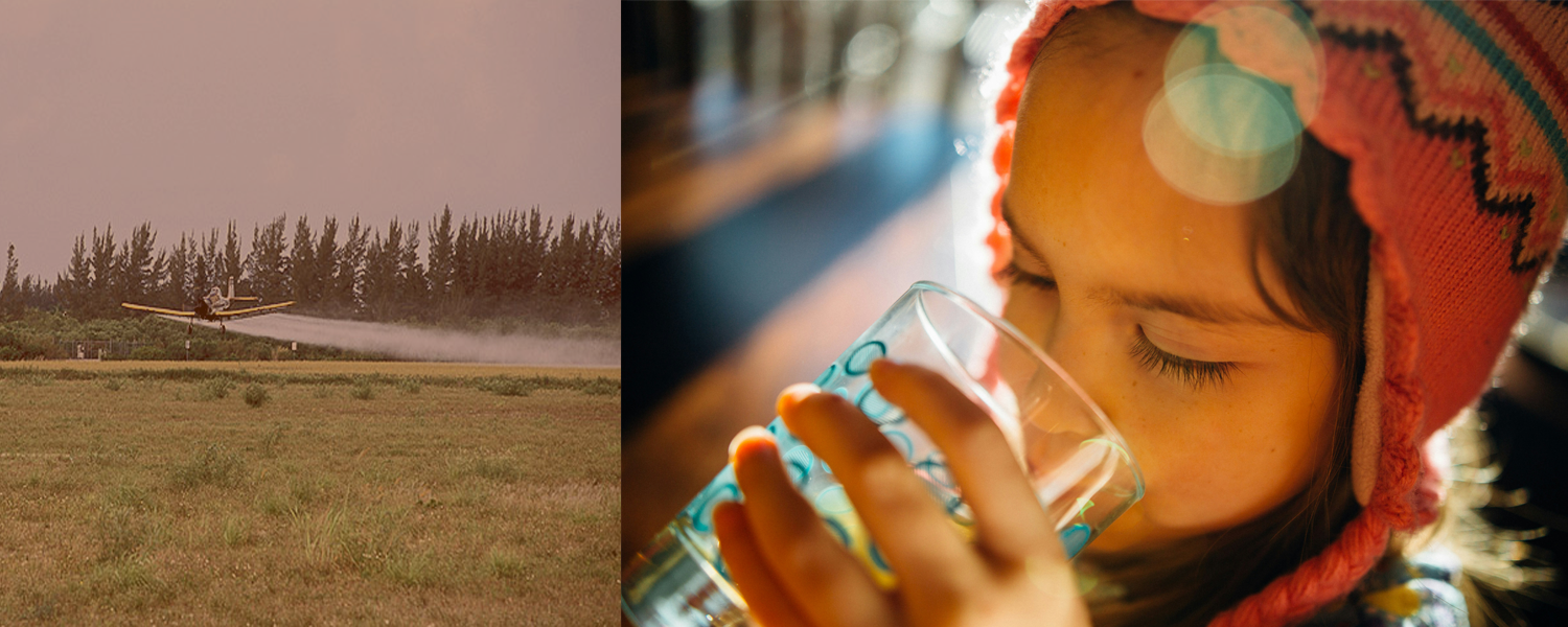 Pesticide spraying photo by Stephen Ausmus/USDA; Girl drinking water by Johnny McClung/Unsplash.