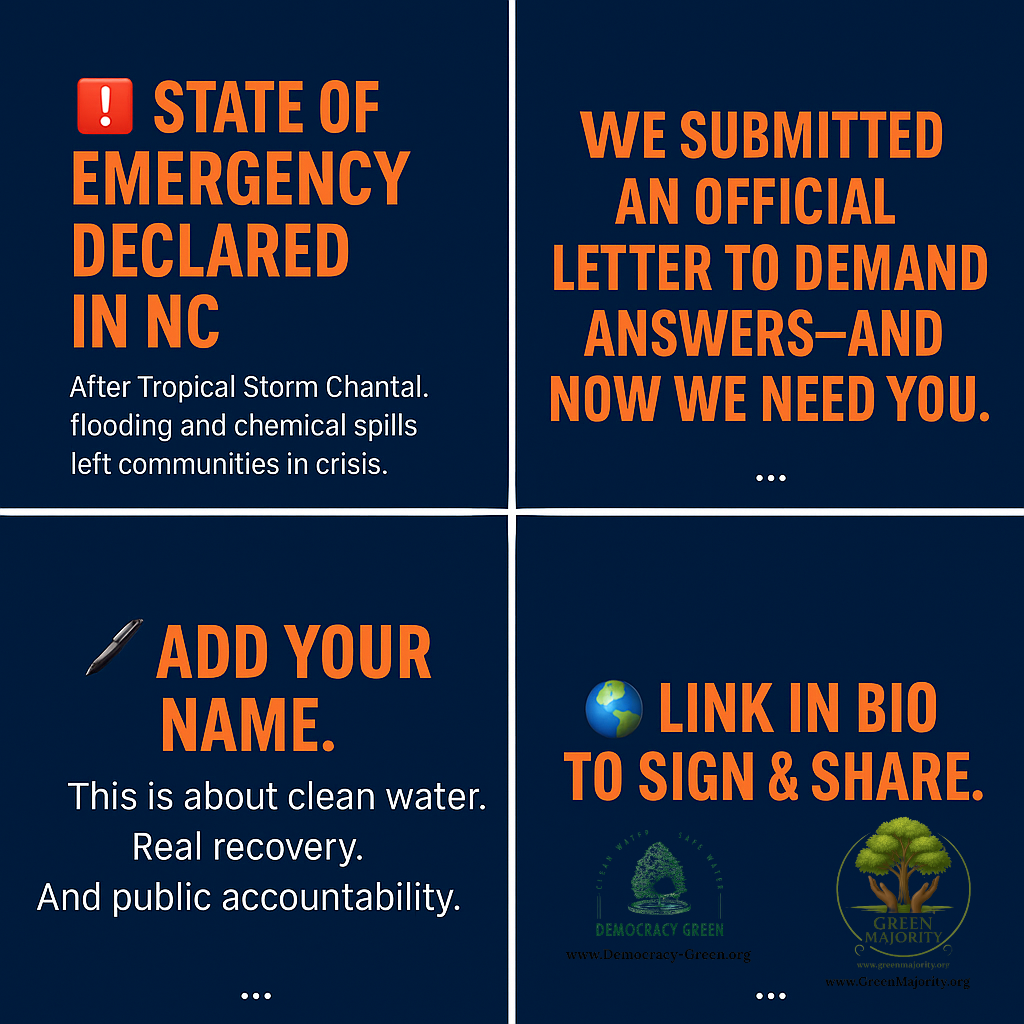 Carousel graphic announcing that organizations Democracy Green and Green Majority have submitted formal letter to local NC Government Officials asking for transparency and funding support for communities post Chantal. And calling on residents to sign petition.