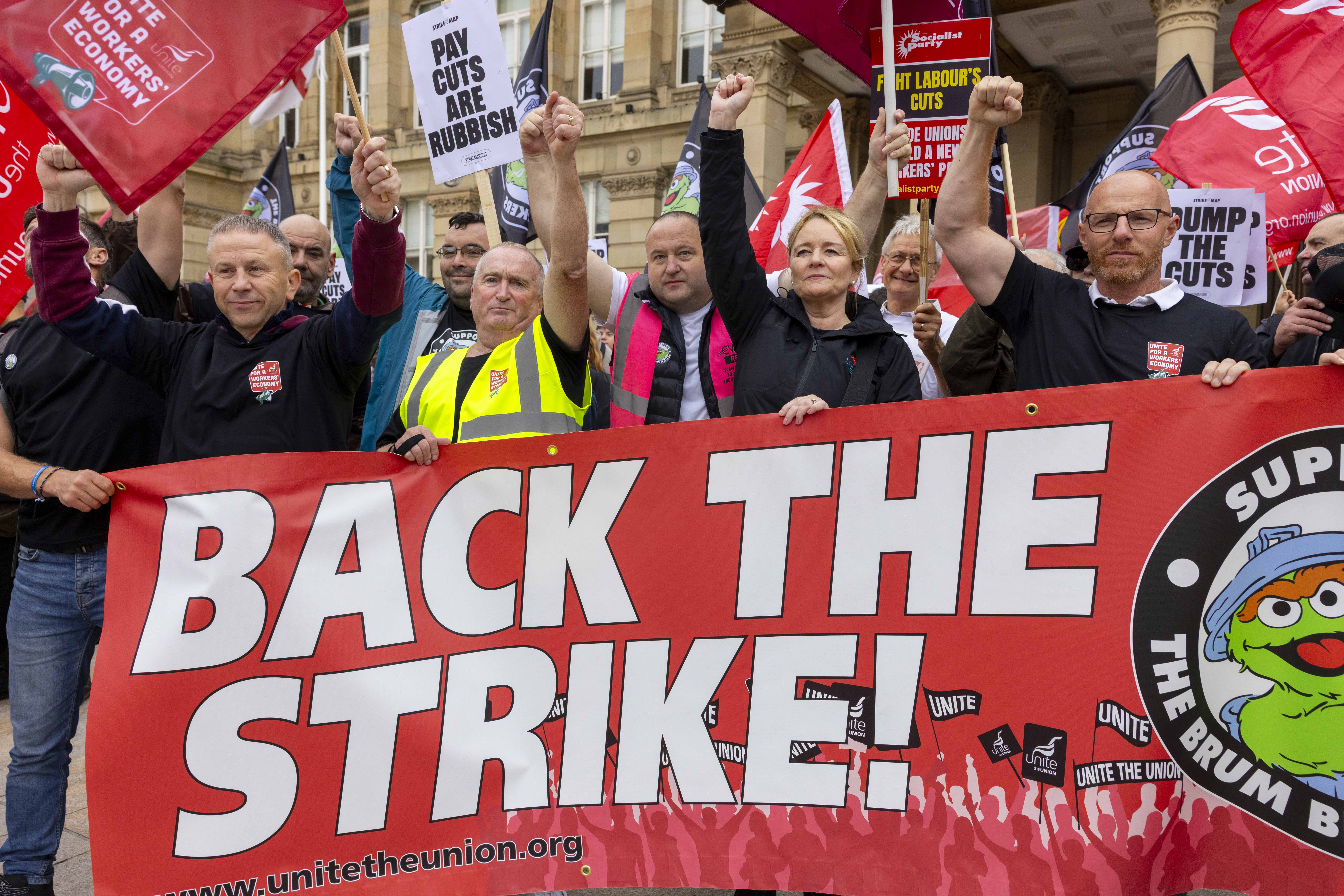 Banner, Bin workers and Unite general secretary Sharon Graham on Birmingham Bin Strike rally