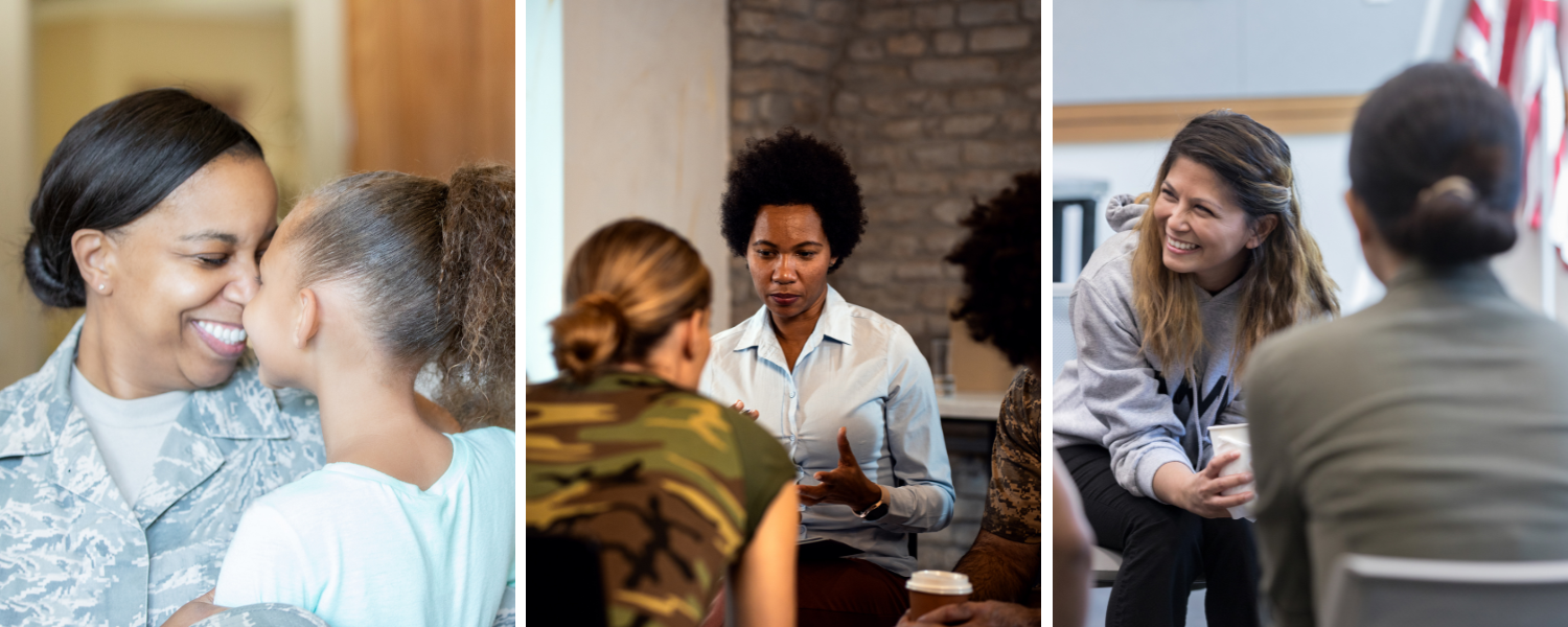 Three scenes of women veterans: a mother in uniform with her daughter, a group discussion led by a woman in civilian clothes, and a casual conversation among women with an American flag in the background.