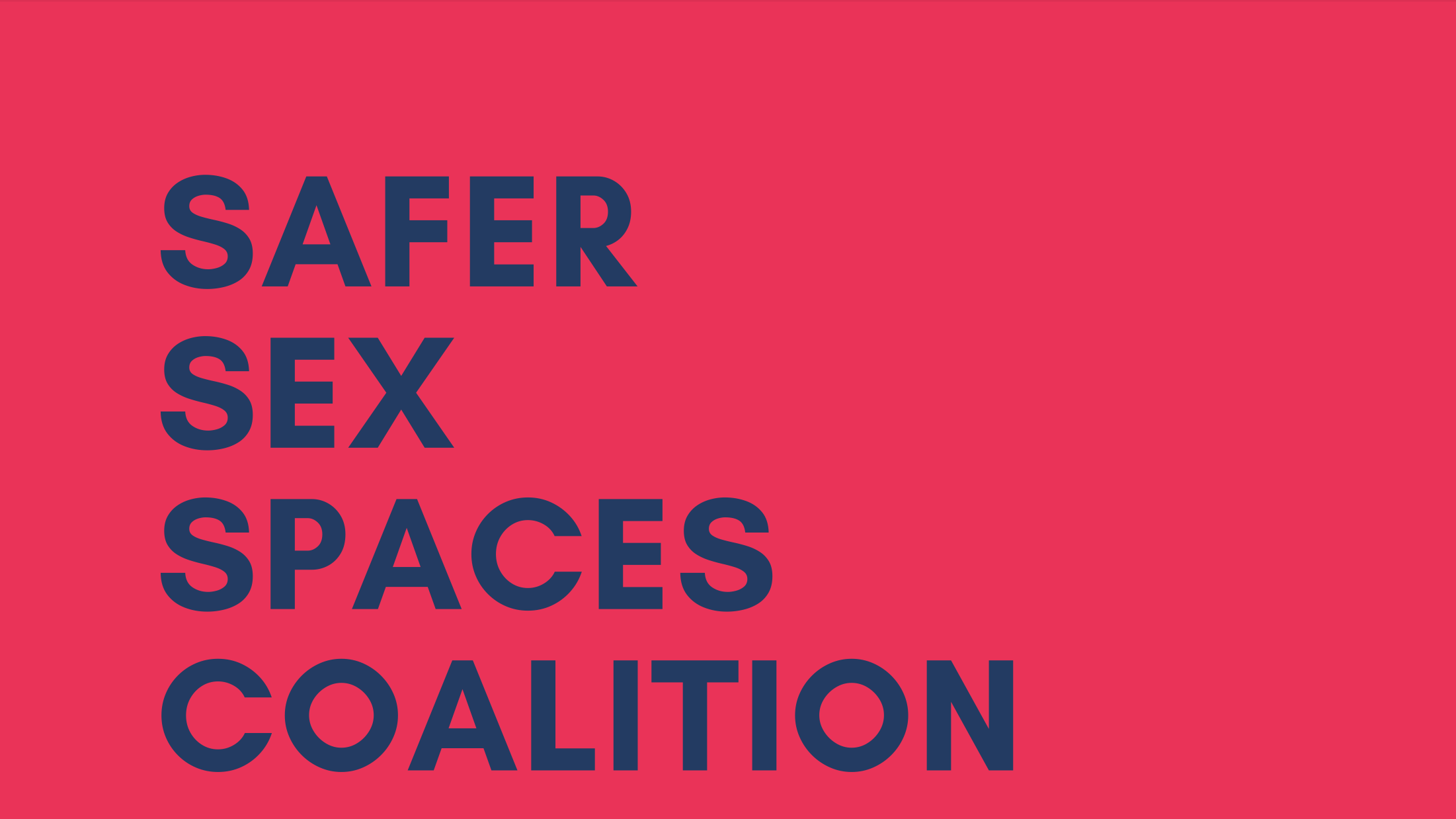 "Safer Sex Spaces Coalition" in dark blue text in front of a vivid pink background