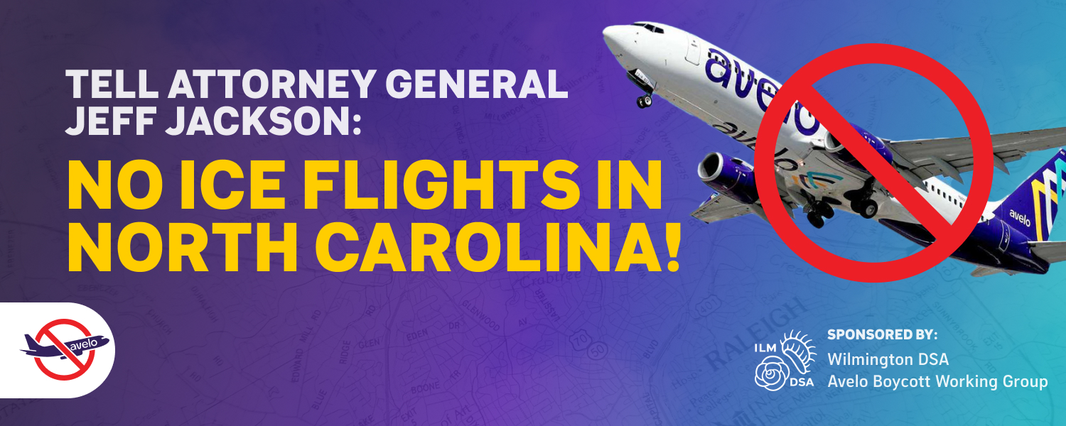 Blue and Purple banner reading "No ICE flights in NC"